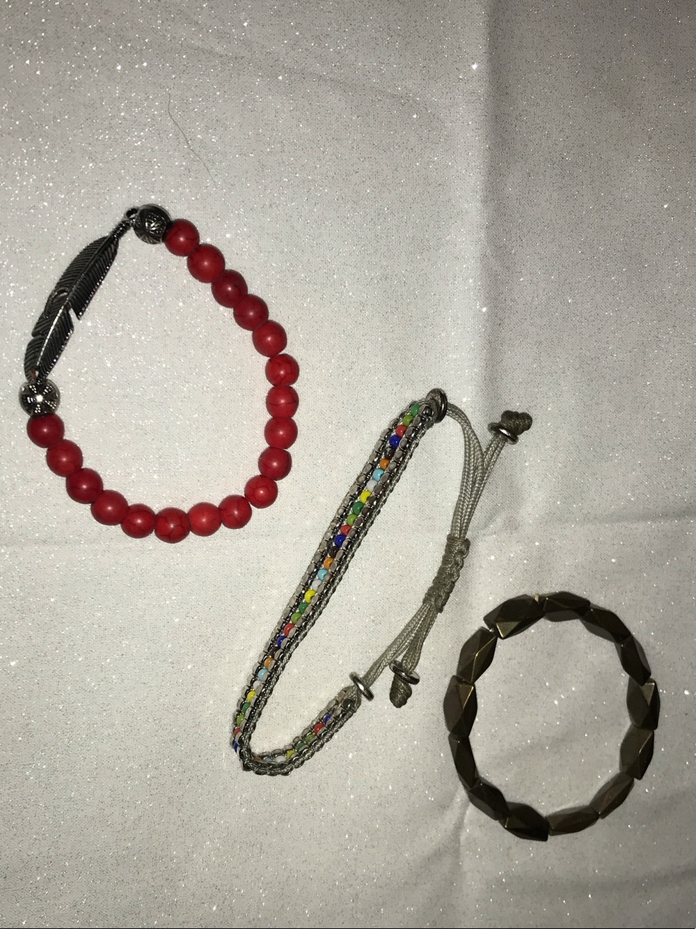 Orang Beaded Silver Feather, Bronze Stretch & Tan Colorful Beaded Bracelet